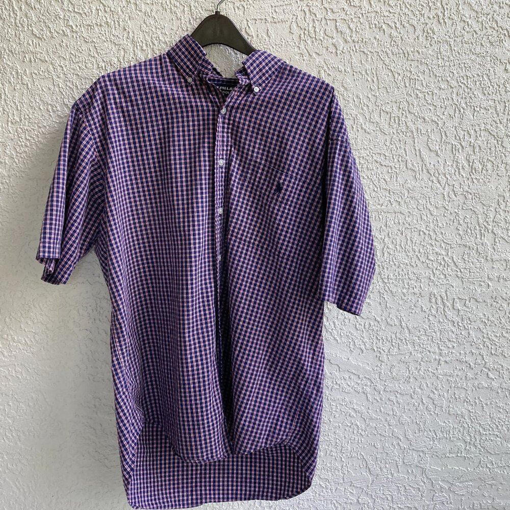 Ralph Lauren Golf Shirt Sz M  Blue & Red Check Tilden 100% Cotton Button Down